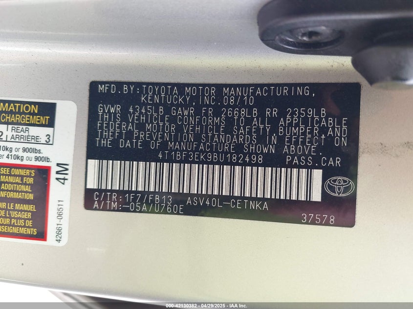 2011 TOYOTA CAMRY VIN: 4T1BF3EK9BU182498