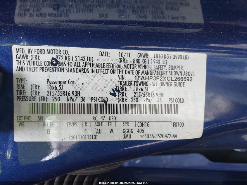 2012 FORD FOCUS VIN: 1FAHP3F2XCL266692