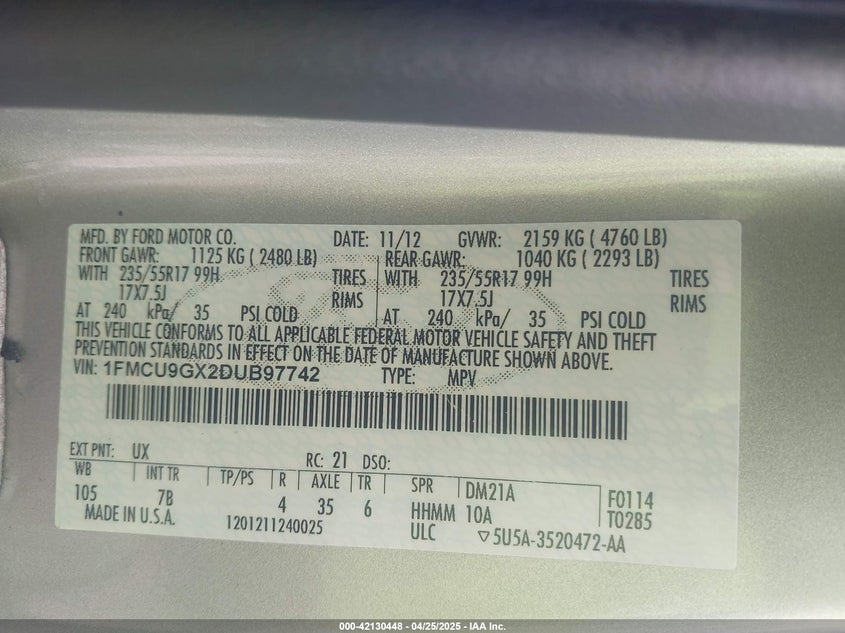 2013 FORD ESCAPE VIN: 1FMCU9GX2DUB97742