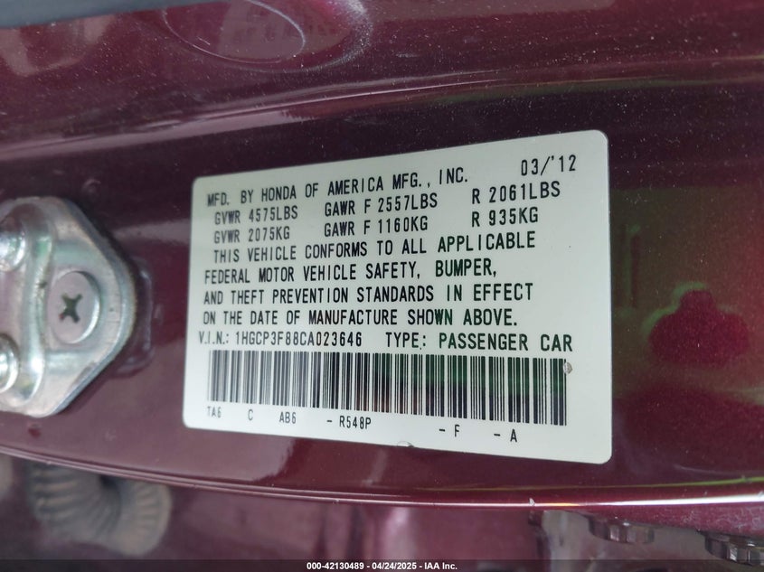 2012 HONDA ACCORD VIN: 1HGCP3F88CA023646