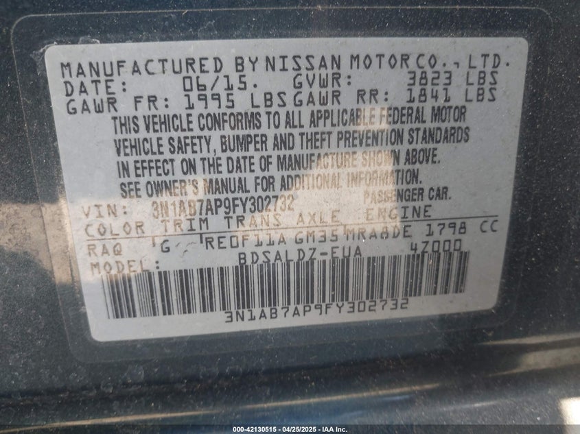2015 NISSAN SENTRA VIN: 3N1AB7AP9FY302732