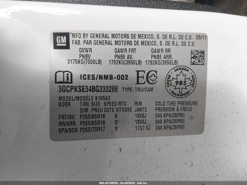 2011 CHEVROLET SILVERADO VIN: 3GCPKSE34BG333288