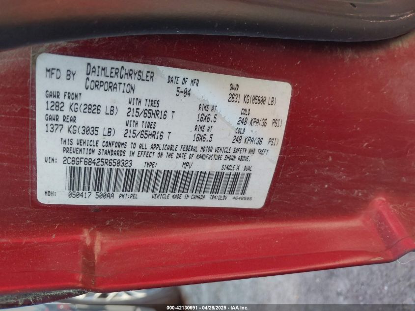 2005 Chrysler Pacifica Touring VIN: 2C8GF68425R650323 Lot: 42130691