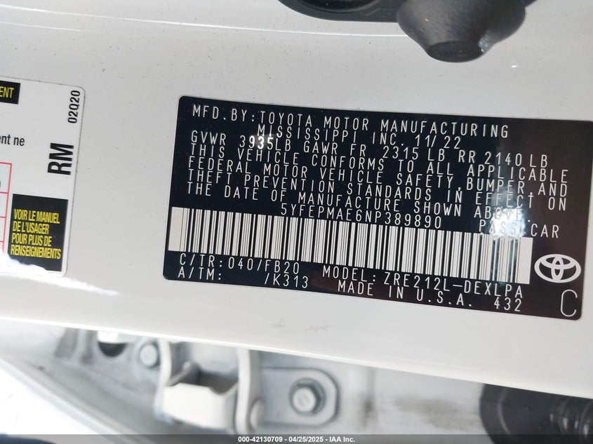 2022 TOYOTA COROLLA VIN: 5YFEPMAE6NP389890