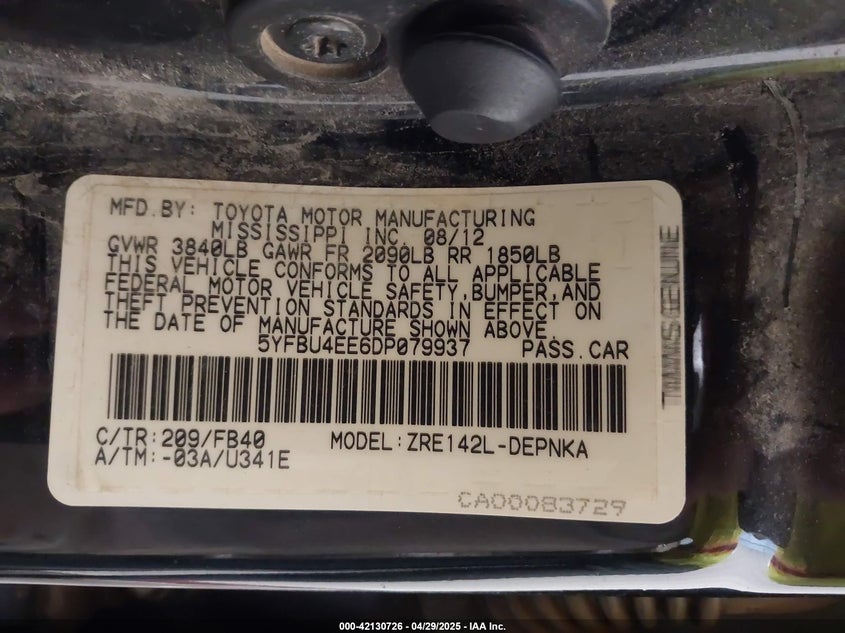 2013 TOYOTA COROLLA VIN: 5YFBU4EE6DP079937
