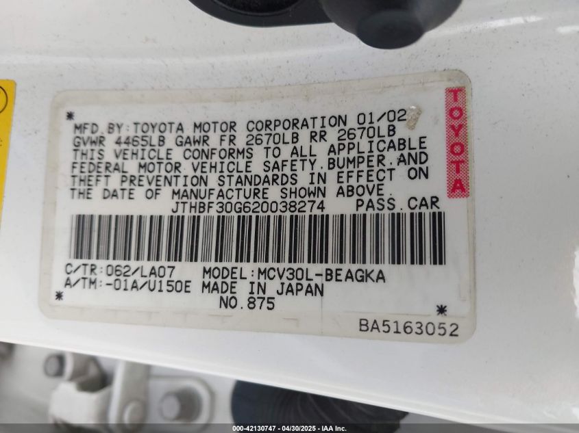 2002 Lexus Es 300 Base (A4) VIN: JTHBF30G620038274 Lot: 42130747