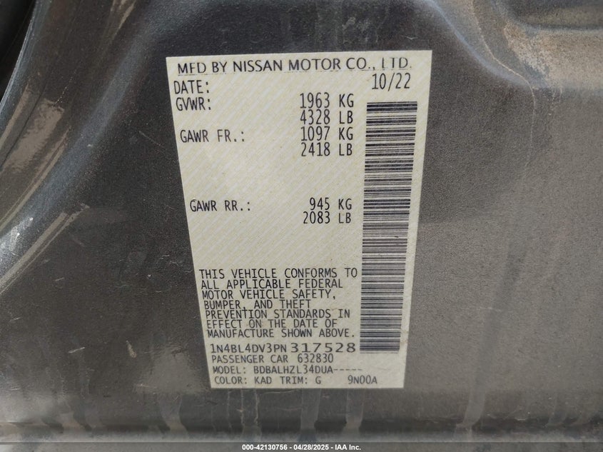 2023 NISSAN ALTIMA VIN: 1N4BL4DV3PN317528