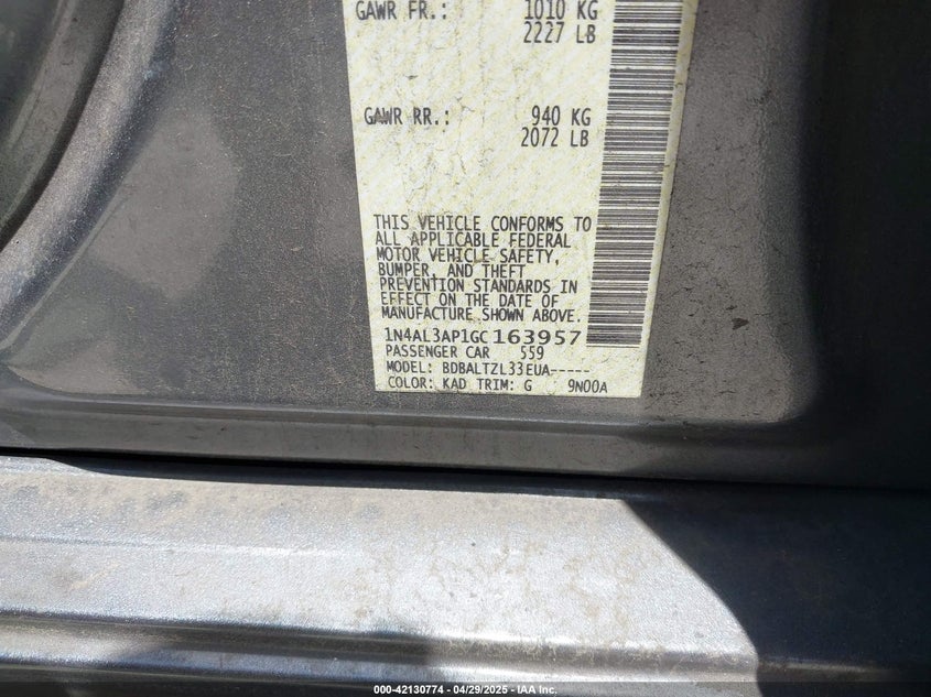 2016 NISSAN ALTIMA VIN: 1N4AL3AP1GC163957