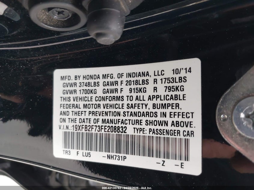 2015 HONDA CIVIC VIN: 19XFB2F73FE208832