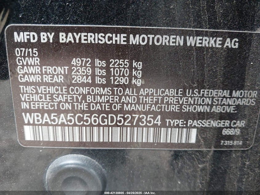 2016 BMW 528I VIN: WBA5A5C56GD527354