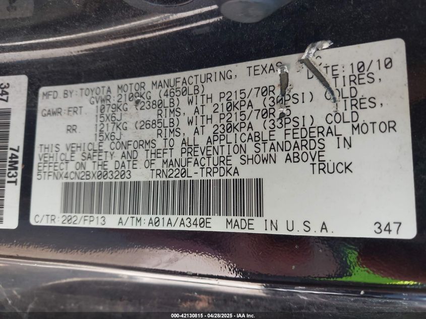 2011 Toyota Tacoma VIN: 5TFNX4CN2BX003203 Lot: 42130815