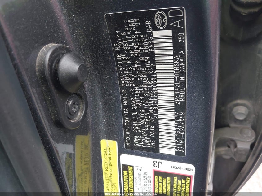 2011 TOYOTA COROLLA VIN: 2T1BU4EE6BC694212