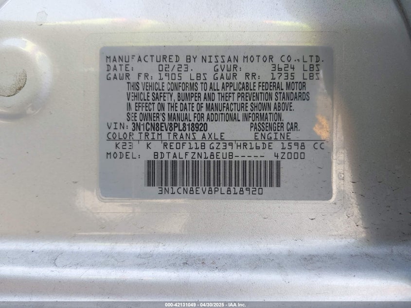 2023 NISSAN VERSA 1.6 SV XTRONIC CVT - 3N1CN8EV8PL818920