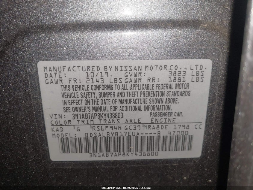 2019 NISSAN SENTRA VIN: 3N1AB7AP8KY438800