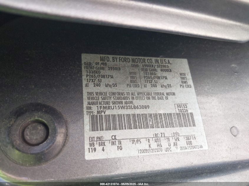 2003 Ford Expedition Xlt VIN: 1FMRU15W33LB63089 Lot: 42131074