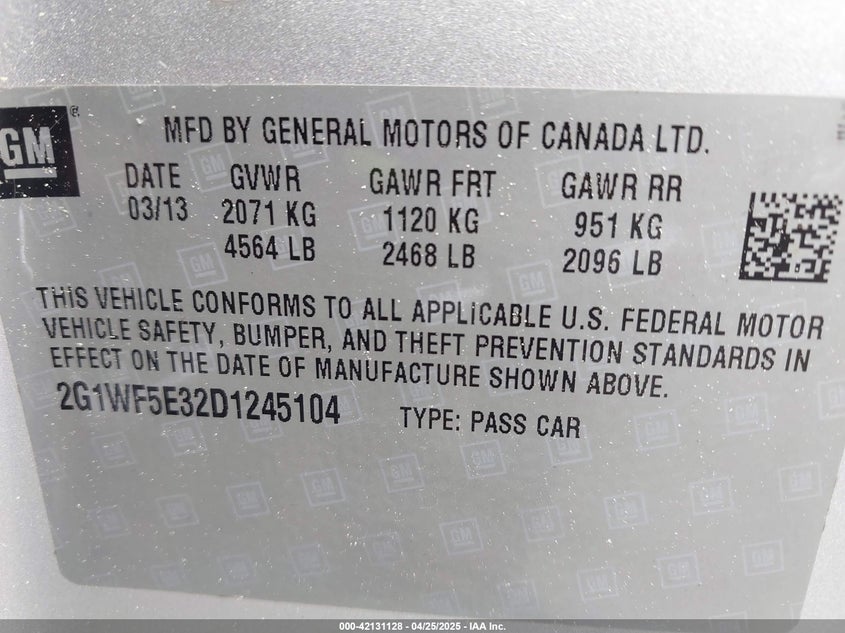 2013 CHEVROLET IMPALA VIN: 2G1WF5E32D1245104