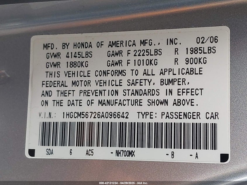 2006 HONDA ACCORD VIN: 1HGCM56726A096642