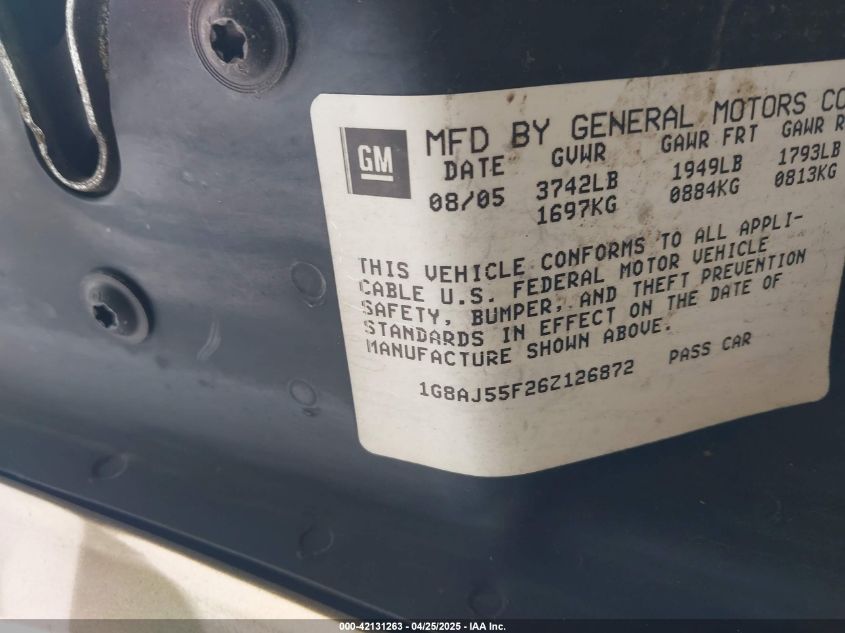 2006 Saturn Ion 2 VIN: 1G8AJ55F26Z126872 Lot: 42131263