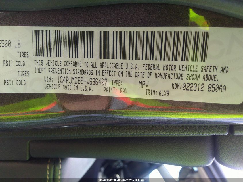 2017 Jeep Cherokee Limited 4X4 VIN: 1C4PJMDB9HW636407 Lot: 42131268