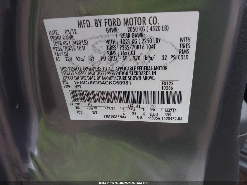 2012 Ford Escape Xlt VIN: 1FMCU0DG4CKC60981 Lot: 42131275