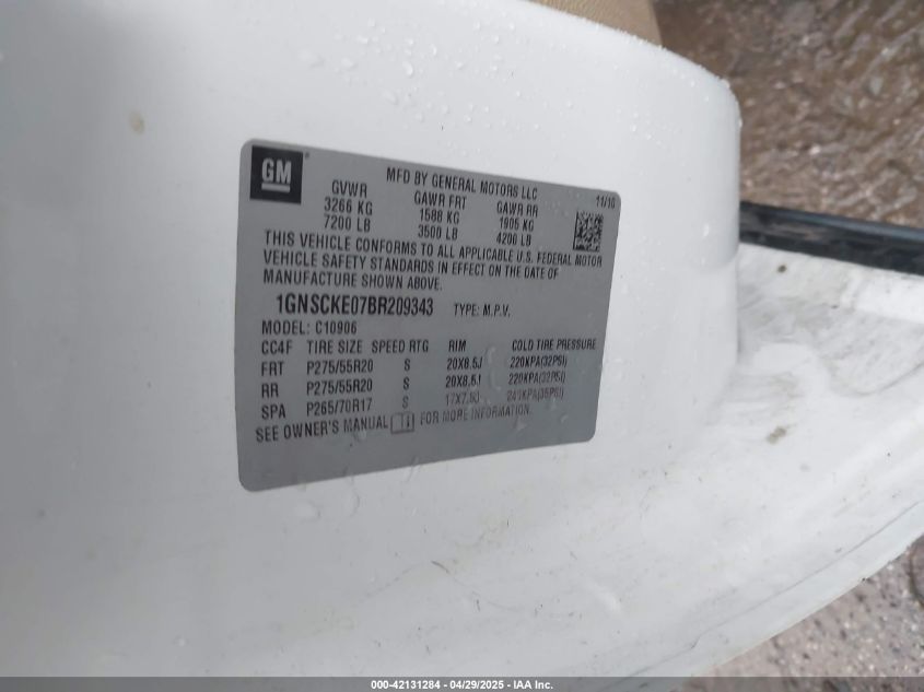 2011 Chevrolet Suburban 1500 Ltz VIN: 1GNSCKE07BR209343 Lot: 42131284