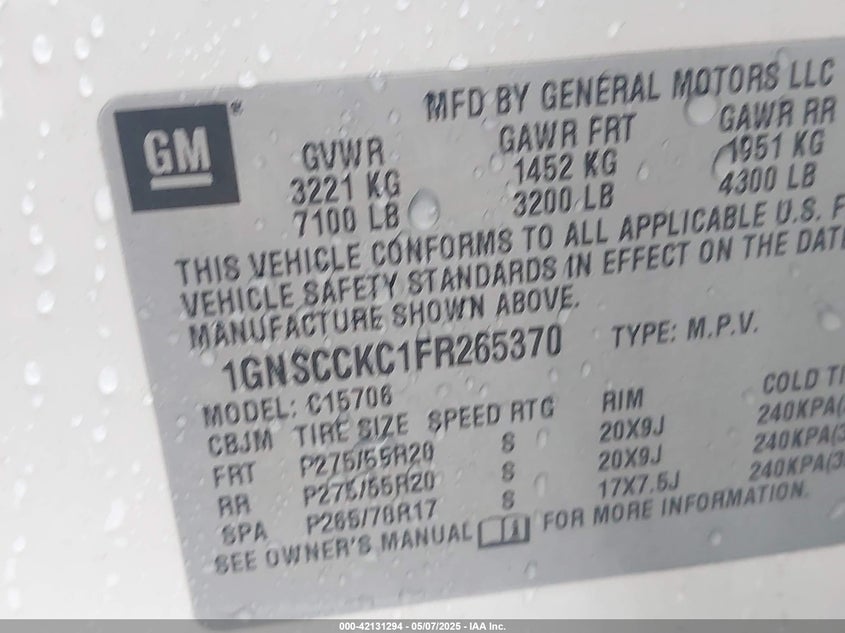 2015 CHEVROLET TAHOE VIN: 1GNSCCKC1FR265370