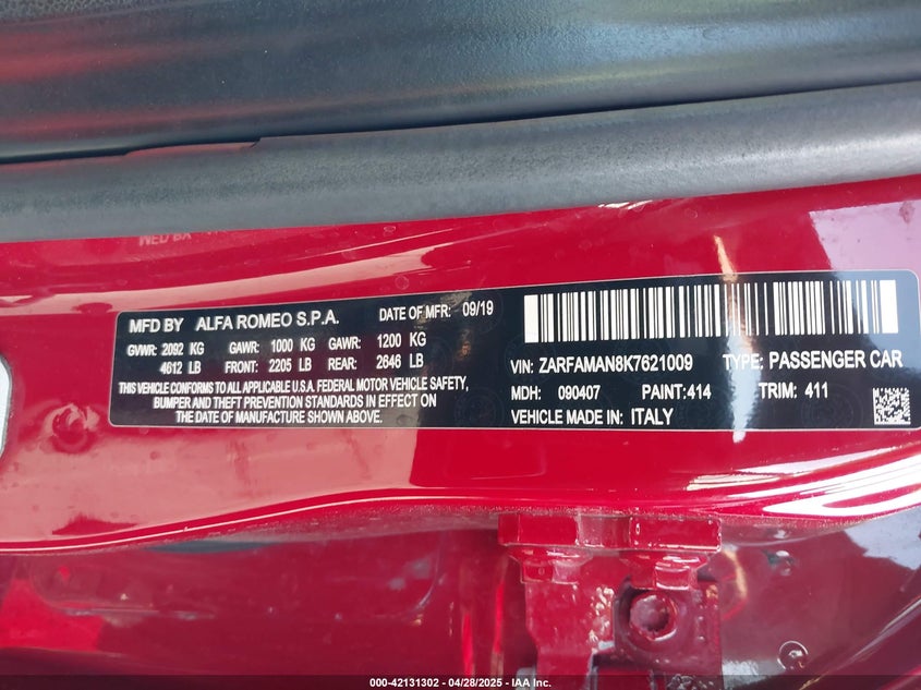 2019 ALFA ROMEO GIULIA VIN: ZARFAMAN8K7621009