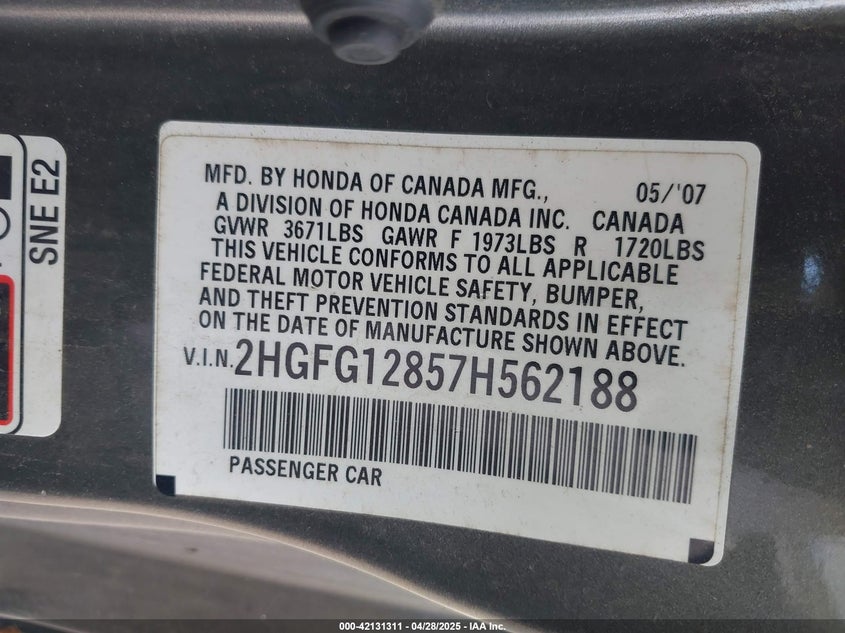 2007 HONDA CIVIC VIN: 2HGFG12857H562188