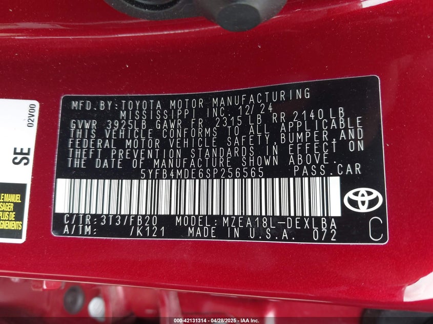 2025 TOYOTA COROLLA VIN: 5YFB4MDE6SP256565