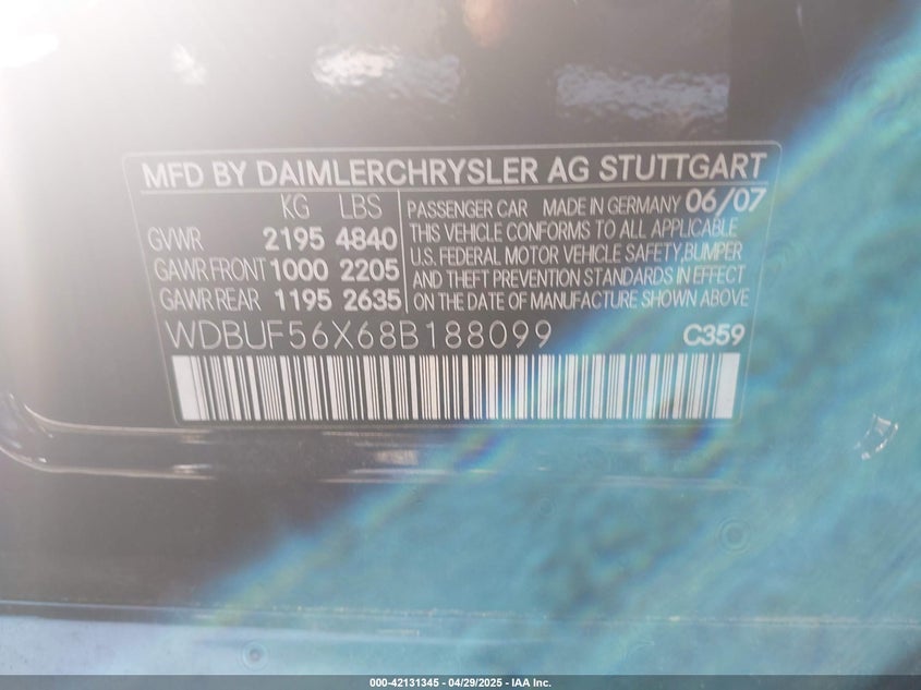 2008 MERCEDES-BENZ E VIN: WDBUF56X68B188099