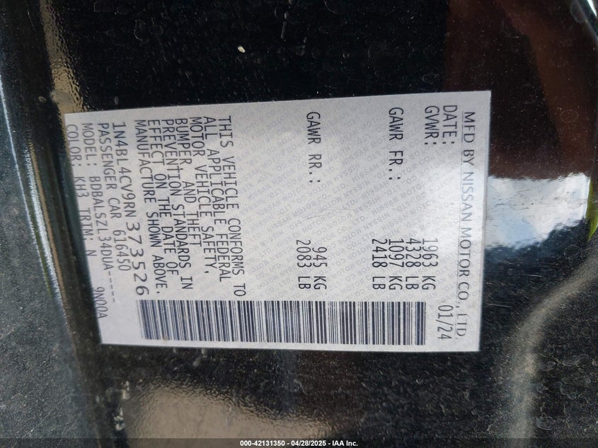 2024 NISSAN ALTIMA VIN: 1N4BL4CV9RN373526
