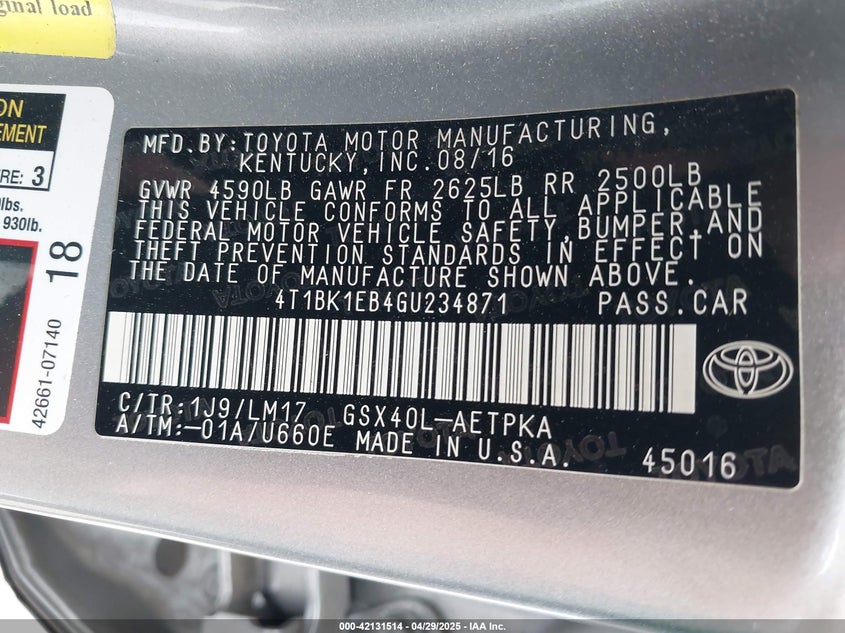 2016 TOYOTA AVALON VIN: 4T1BK1EB4GU234871