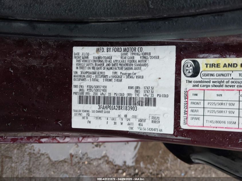 2011 Ford Fusion Sel VIN: 3FAHP0JA2BR183903 Lot: 42131578