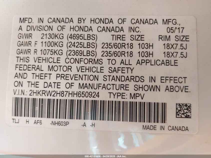 2017 HONDA CR-V VIN: 2HKRW2H87HH650924