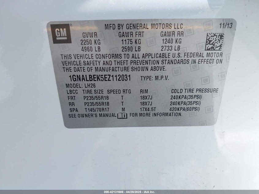 2014 CHEVROLET EQUINOX VIN: 1GNALBEK5EZ112031