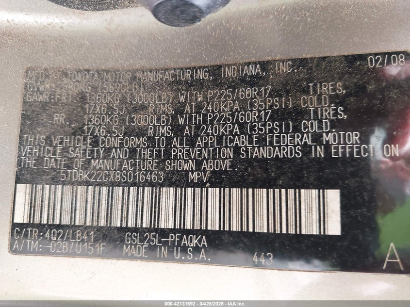2008 TOYOTA SIENNA VIN: 5TDBK22CX8S016463