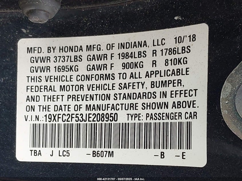 2018 HONDA CIVIC VIN: 19XFC2F53JE208950