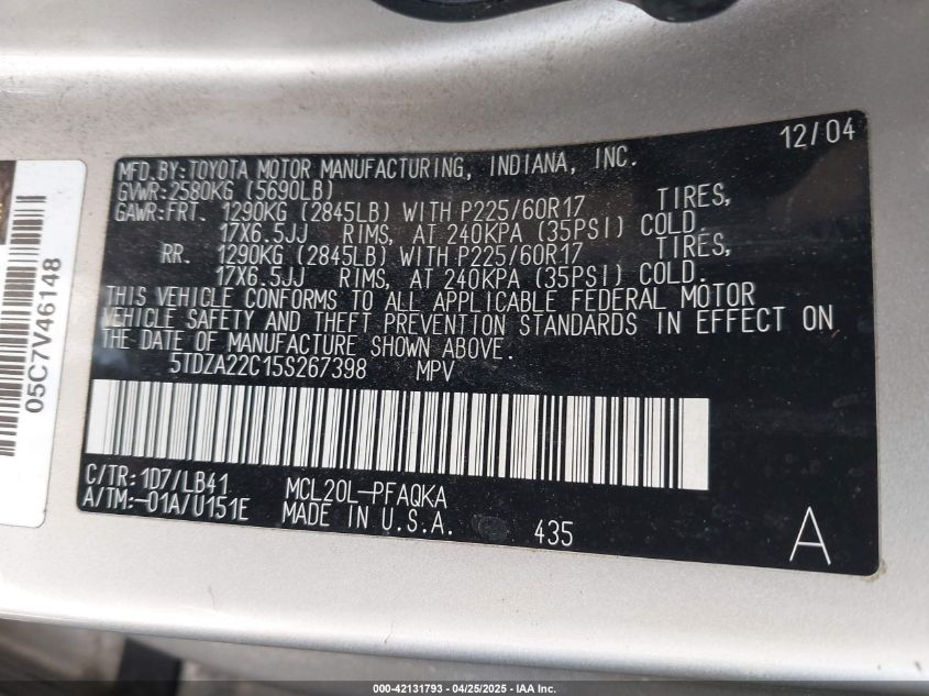 2005 Toyota Sienna Xle VIN: 5TDZA22C15S267398 Lot: 42131793