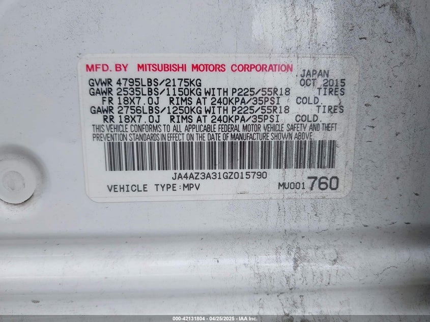 2016 MITSUBISHI OUTLANDER VIN: JA4AZ3A31GZ015790