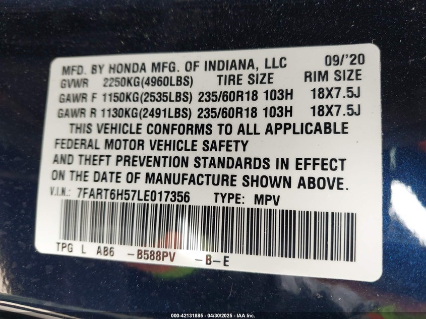 VIN 7FART6H57LE017356 2020 HONDA CR-V HYBRID EX