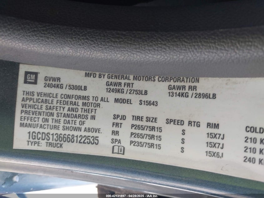2006 CHEVROLET COLORADO VIN: 1GCDS136668122535