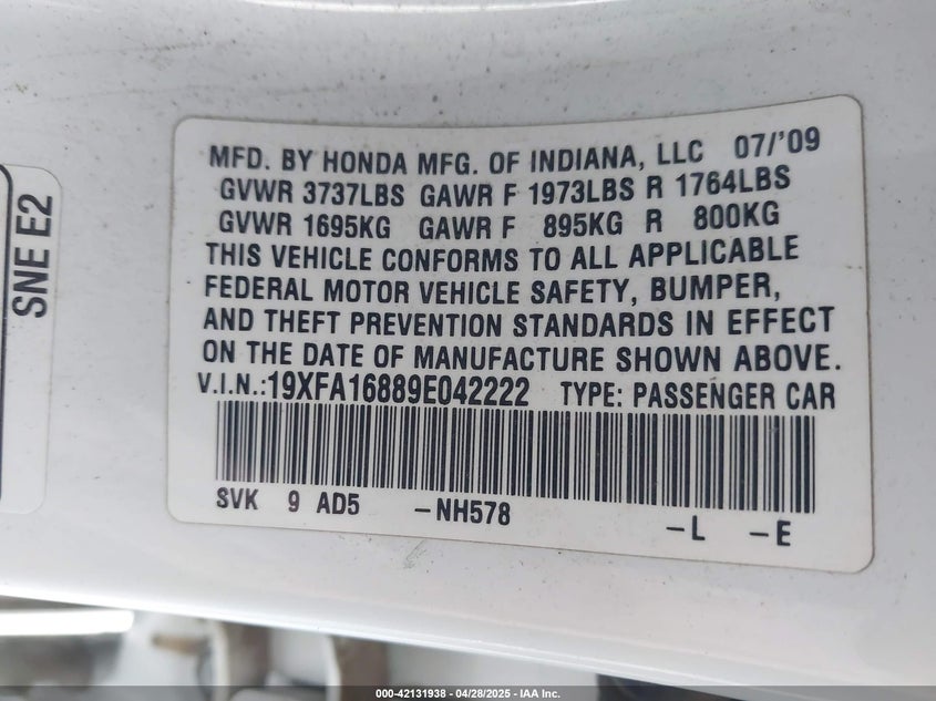 2009 HONDA CIVIC VIN: 19XFA16889E042222