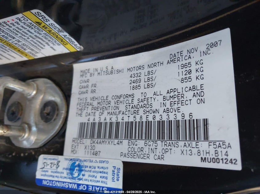 2008 MITSUBISHI ECLIPSE VIN: 4A3AK34T58E033396