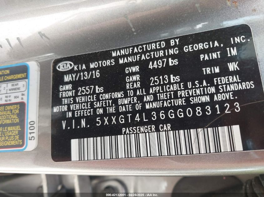 2016 Kia Optima Lx VIN: 5XXGT4L36GG083123 Lot: 42132001