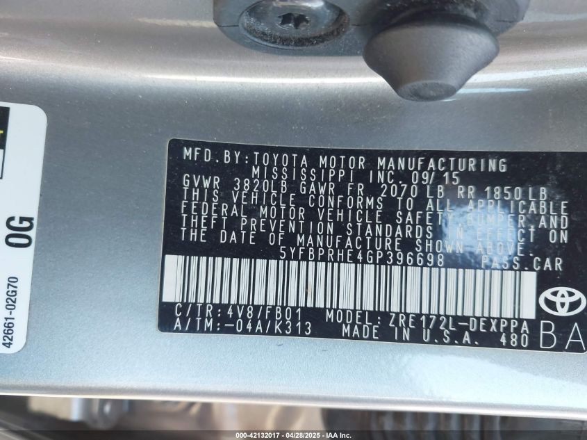 2016 Toyota Corolla Le Eco VIN: 5YFBPRHE4GP396698 Lot: 42132017