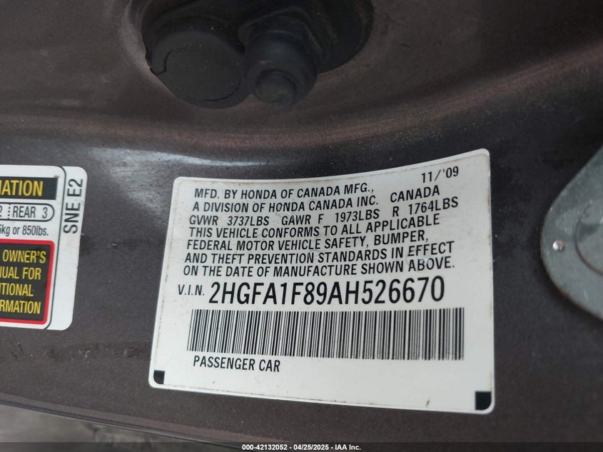 2010 HONDA CIVIC VIN: 2HGFA1F89AH526670