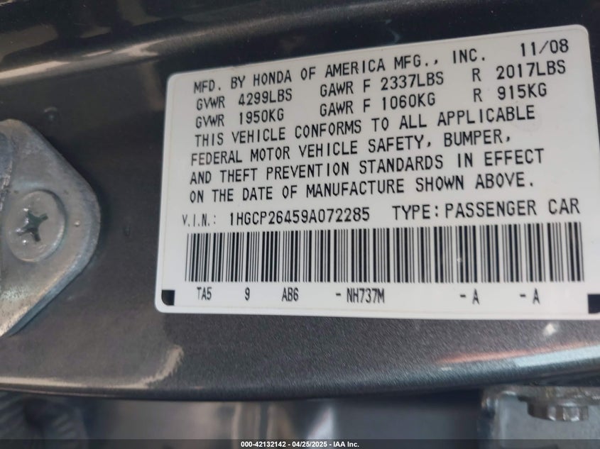 2009 HONDA ACCORD VIN: 1HGCP26459A072285