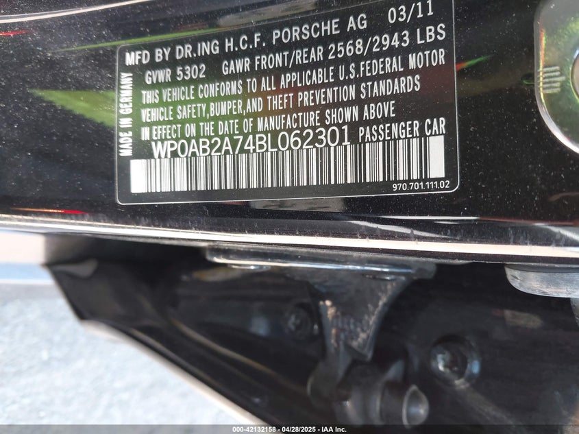 2011 PORSCHE PANAMERA VIN: WP0AB2A74BL062301