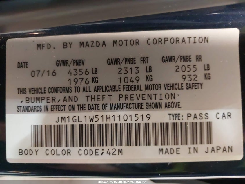 2017 MAZDA MAZDA6 VIN: JM1GL1W51H1101519