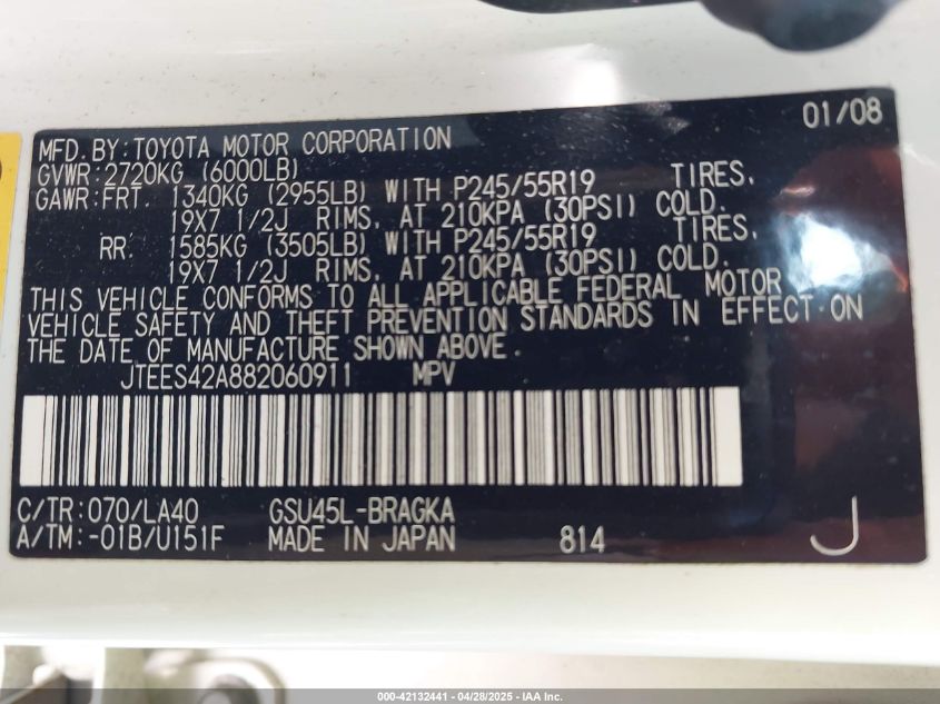 2008 Toyota Highlander Limited VIN: JTEES42A882060911 Lot: 42132441